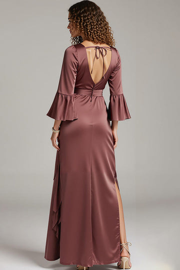 Robe longue formelle en satin de café fourreau à col en V avec fente